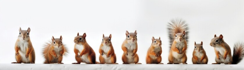 Many Squirrels Sitting A Whitte Banner Background. Generative AI - obrazy, fototapety, plakaty