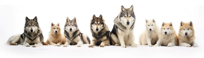 Many Wolves Sitting A Whitte Banner Background. Generative AI