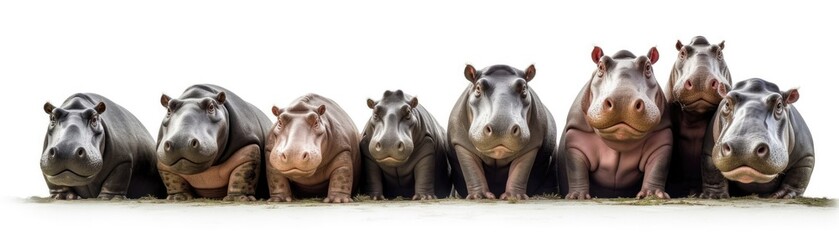 Many Hippos Sitting A Whitte Banner Background. Generative AI