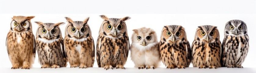 Many Owls Sitting A Whitte Banner Background. Generative AI