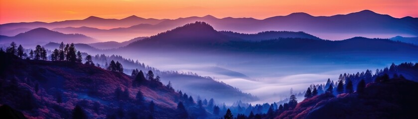 Fototapeta na wymiar Misty Mountains With A Dreamy Sunrise Glow Banner Background. Generative AI