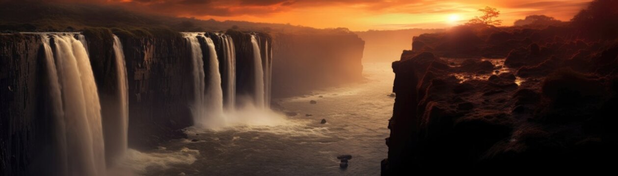 Majestic Waterfall With A Hazy Sunset Backdrop Banner Background. Generative AI