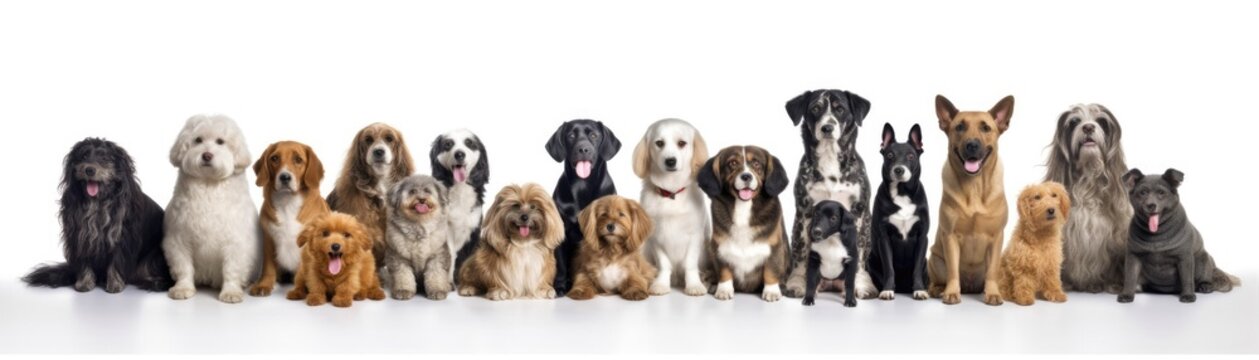 Many Dogs Sitting A Whitte Banner Background. Generative AI