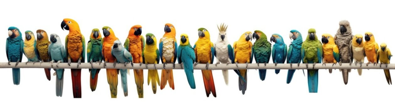 Many Parrots Sitting A Whitte Banner Background. Generative AI