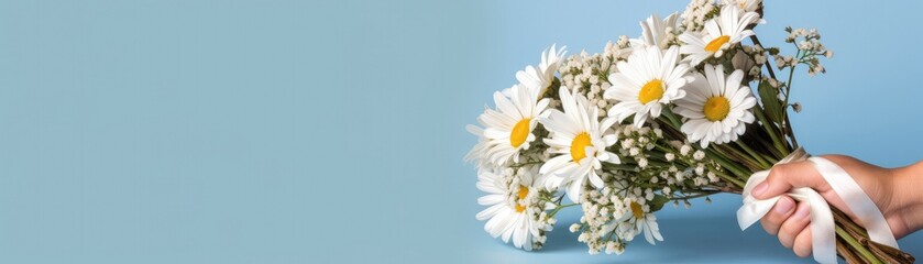 Wide Frame Side Bouquet Of Daisies In Hand With Ribbon Blue Banner Background. Generative AI