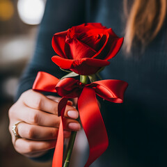 Love in Bloom: Hands Embrace a Red Rose, Love Note Adorned with Red Ribbon