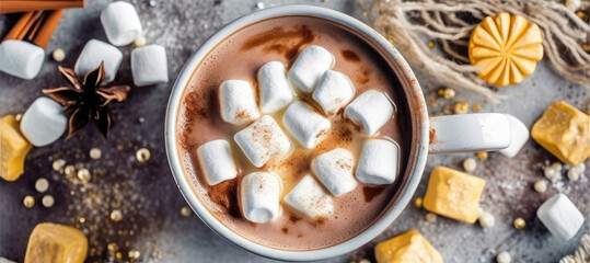 Fototapeta na wymiar Top View Rich Hot Chocolate With Marshmallows Banner Background. Generative AI