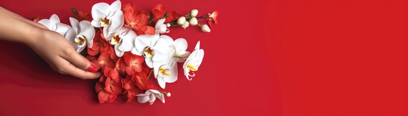 Obraz na płótnie Canvas Wide Frame Side Bouquet Of Orchids In Hand With Ribbon Red Banner Background. Generative AI