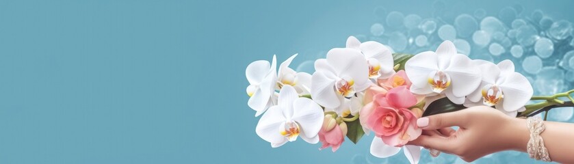 Wide Frame Side Bouquet Of Orchids In Hand With Ribbon Blue Banner Background. Generative AI