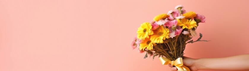 Wide Frame Side Bouquet Of Marigolds In Hand With Ribbon Pink Banner Background. Generative AI