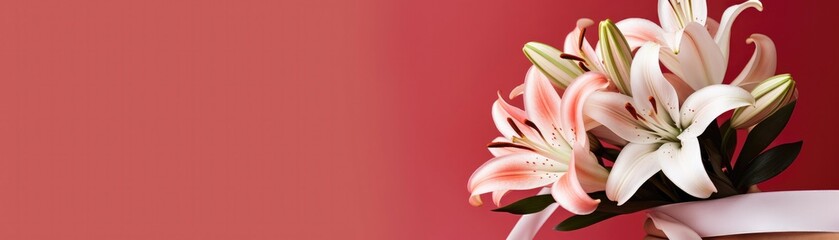 Wide Frame Side Bouquet Of Lilies In Hand With Ribbon Red Banner Background. Generative AI