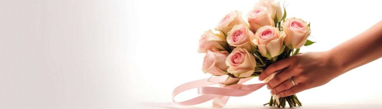 Wide Frame Side Bouquet Of Roses In Hand With Ribbon White Banner Background. Generative AI