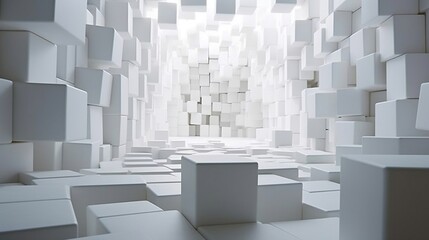 Envision a background filled with three-dimensional, white cube boxes. These cubes have been shifted randomly, creating an intricate mosaic of forms and spaces - illustration