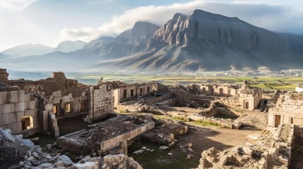 Ancient City Ruins Set Against A Backdrop Of Rugged Mountains. Generative AI