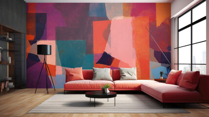 Living Room With Full Wall Flat Geometric Red Orange Purple. Generative AI
