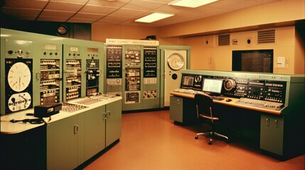 Historical Computer Room From The S With Vacuum Tubebased Computers. Generative AI - obrazy, fototapety, plakaty