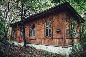 Wooden house in Pripyat abandoned city in Chernobyl Exclusion Zone, Ukraine