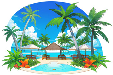 Fototapeta na wymiar Resort, vacation, beach, summer, coconut tree, tropical plant, flowers, colorful, round podium, tropical. Generative AI.