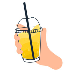 Hand holding drink. Summer drink,lemonade,soda in glass or plastic cups with straw.