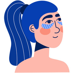 Woman with the blue hair and eyes patch. Daily activity routine. Skincare procedure, dermatology treatment, cosmetology product, clear face, skin beauty.