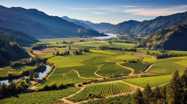 Rolling Vineyards Stretching Across A Picturesque Valley. Generative AI