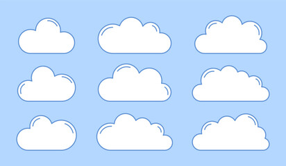 Collection of abstract cartoon white clouds in flat style isolated on blue background. Vector illustration