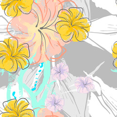 Pink Flowers Blooming Pattern. Pastel Watercolor.