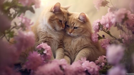 A couple of cats sitting together in a romantic scene amidst beautiful flowers, expressing their love. Generative AI