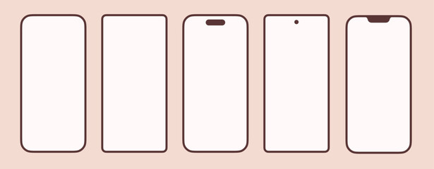 Different Clay smartphones mockups minimal trendy black apple and android phone screens mockup. IPhone 14 Pro/Pro Max, Iphone 13 Pro/Pro Max, Google Pixel 6, 7, 8 or Samsung Galaxy S22, S23 