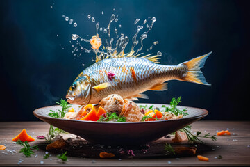 Antigravity fish fly over dish with water on black background. Modern Illustration. Generative AI