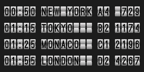 Airport scoreboard with time and city destination on a black background