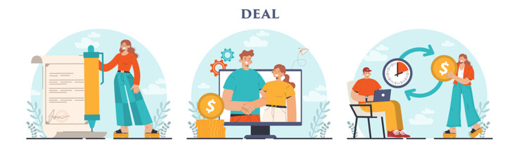 Deal concept set. Entrepreneurs setting an official contract. Idea of partnership - obrazy, fototapety, plakaty