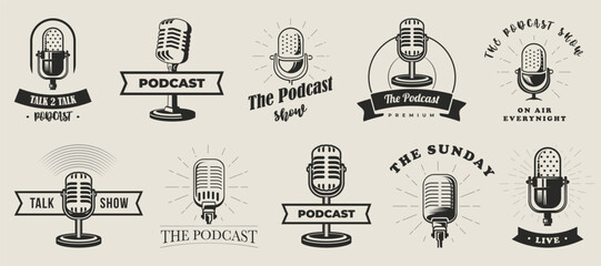 Retro podcast badge icon collection. Set of microphone vintage emblem