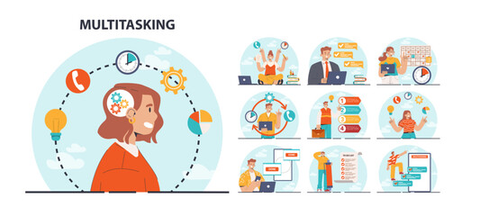 Multitasking concept set. Effective and competent office worker managing