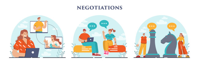 Negotiations concept set. Opinions, directions, interests and points