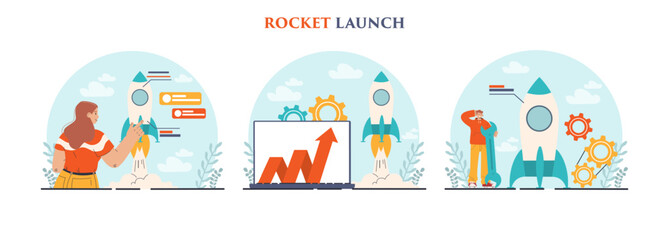 Rocket launch set. Business start up or successful project progress.