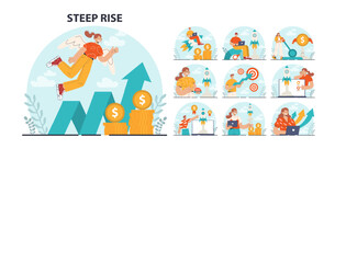 Fototapeta premium Steep rise of business development set. Market boost and profit