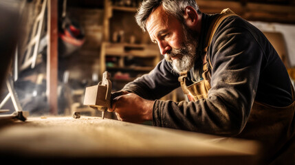 A skilled carpenter meticulously works in his sunlit workshop, showcasing his craftsmanship and expertise as he creates masterpieces in wood on a bright, sunny day. .Generative AI