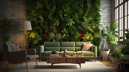 Fototapeta na wymiar Living wall, Plants on the Wall, Plant decorations, Vertical Green Wall in modern living room interior, generative AI