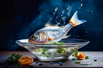 Antigravity fish fly over dish on dark background. Modern Illustration. Generative AI
