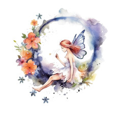 Watercolor Fairy with Flowers Clipart with generative ai technology