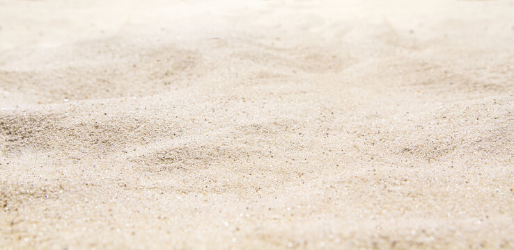 Sand beach texture summer background. Mockup and copy space. Top and front view. Selective focus full frame shot.