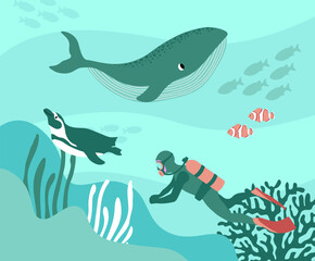 Obraz na płótnie Canvas Vector ocean illustration with diver, penguin, clown fish, algae, corals.Underwater marine animals. Diving. Ecology design for banner,flyer,postcard, website design,poster