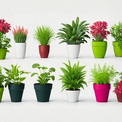 Collection of Artificial Plants in Flower Pots, Isolated on a White Background. Generative AI.