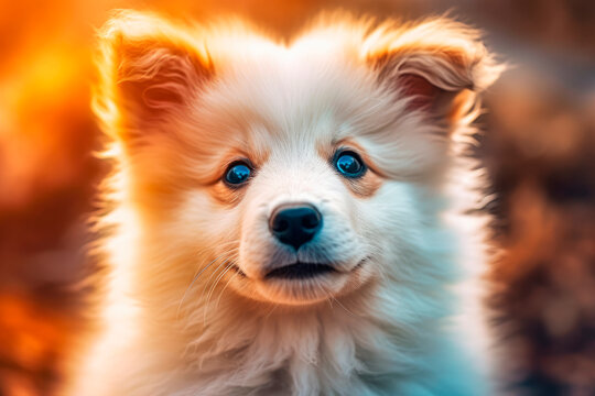 Cute white smile happy puppy against foliage sunset light bokeh background.AI generated.