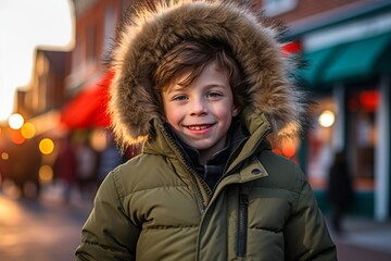 Environmental portrait photography of a joyful kid male wearing a cozy winter coat against a small town main street background. With generative AI technology