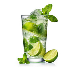 A crisp mojito cocktail with fresh mint leaves, isolated on a white background, created by Generative AI.

 - obrazy, fototapety, plakaty