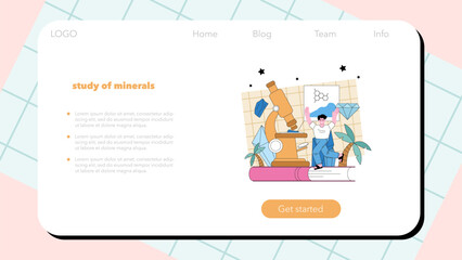 Mineralogist web banner or landing page. Scientist studying natural