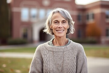 Fototapeta premium Lifestyle portrait photography of a glad mature girl wearing a cozy sweater against a school campus background. With generative AI technology
