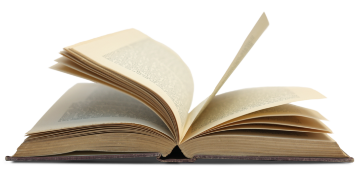 An old vintage open book from the side view isolated on white background.